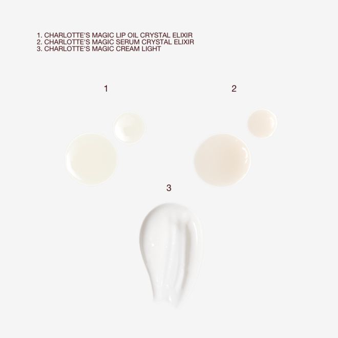 Hydrate Glow Summer Skin Secrets swatches Swatches of cream-coloured lip oil, luminous ivory-coloured facial serum, and pearly-white face cream.