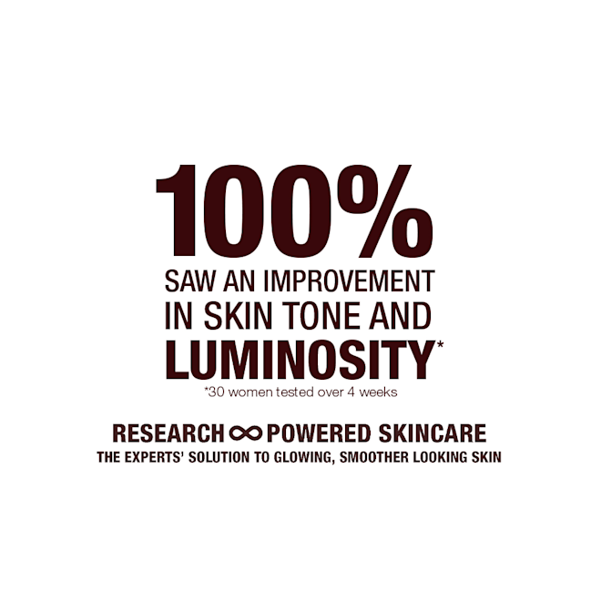 Brightening Youth Glow claim A white-coloured banner with text that reads, '100% saw an improvement in skin tone and luminosity. Research-powered skincare. The expert solution to glowing, smoother-looking skin!'