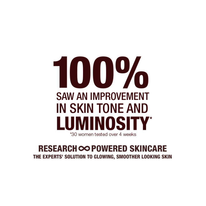 A white-coloured banner with text that reads, '100% saw an improvement in skin tone and luminosity. Research-powered skincare. The expert solution to glowing, smoother-looking skin!'