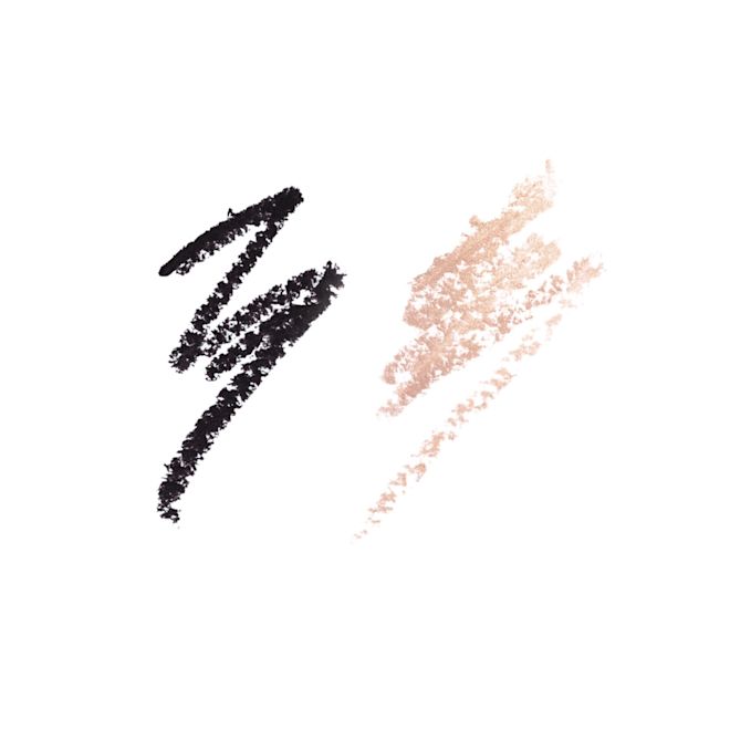 Hollywood Exagger-Eyes Liner Duo swatches Swatches of a duo eyeliner pencil in black and champagne-beige shades.