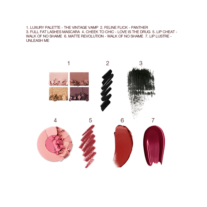 The Vintage Vamp fair, light and medium kit swatches Swatches of a quad eyeshadow palette in shades of brown and gold, brown eyeliner, black mascara, two-tone blush in bright pink and rose gold, lip liner in nude red, lipstick in reddish brown, and lip gloss in magenta.