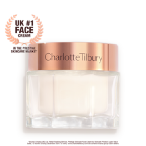 MC-50ml-NO1MC-PDP Pearly-white face cream in a glass jar with a gold-coloured lid with text on it, 'Charlotte's magic cream'.