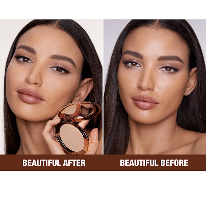 Airbrush Flawless Finish in Medium shade before and after on medium-tone model Before and after of a medium-tone brunette model with nude makeup and shiny skin before and matte, glowing skin after, after using a pressed powder in medium shade.