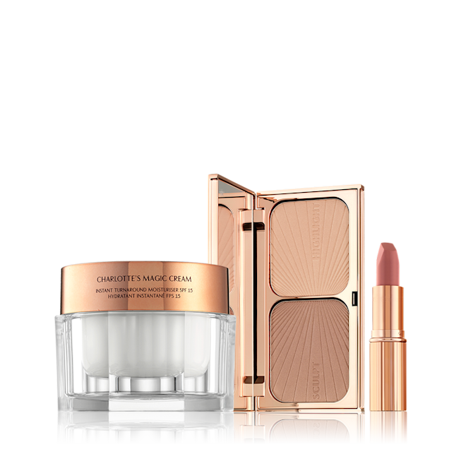 Magic cream, Filmstar Bronze & Glow, and Pillow Talk Lipstick A moisturising face cream in a glass jar with a rose-gold coloured lid, a face contour palette with a mirrored-lid, and a nude-pink lipstick in a golden-coloured tube.