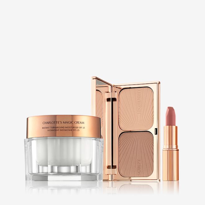 Magic cream, Filmstar Bronze & Glow, and Pillow Talk Lipstick A moisturising face cream in a glass jar with a rose-gold coloured lid, a face contour palette with a mirrored-lid, and a nude-pink lipstick in a golden-coloured tube.