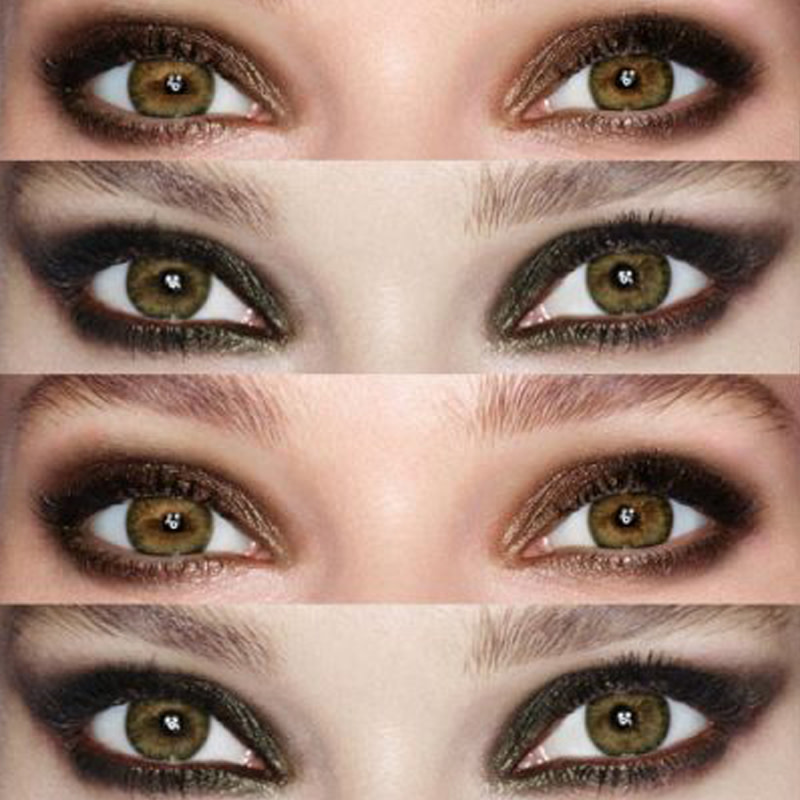 Close-up of four eye makeup looks to make hazel eyes pop in gold, bronze, black, and green shades. 