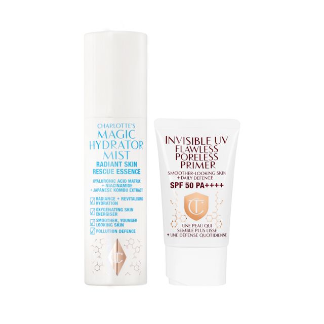 Hydrate Oxygenate Protect packshot for blog Charlotte's Hydrate, Oxygenate and Protect skincare kit including face mist and SPF primer