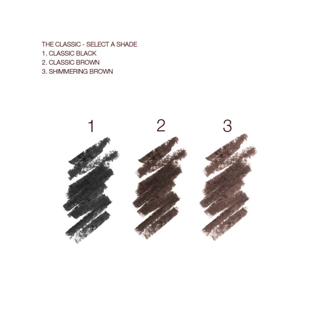 Swatches of three eyeliner pencils in shades of black, black-brown, and dark brown. 