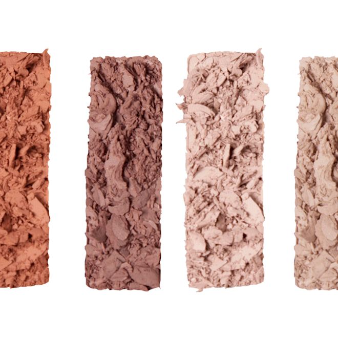 The Super Nudes Easy Eye Palette swatches Swatches of six eyeshadows in nude, matte shades of light beige, light sand, fawn, clay-brown, dark brown, and black.