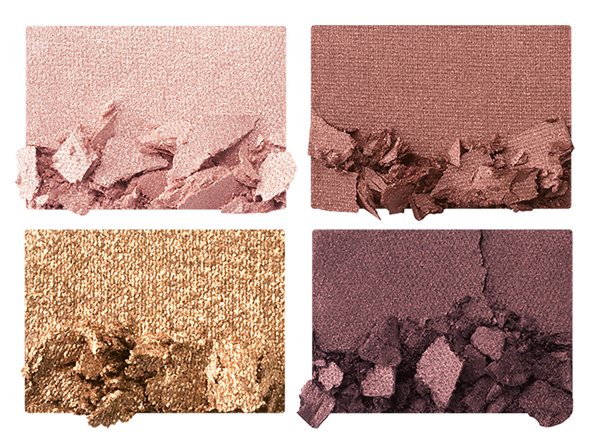 Luxury Palette in The Vintage Vamp swatches Swatches of four powder eyeshadows in rose gold, medium-brown, golden, and dark purple.