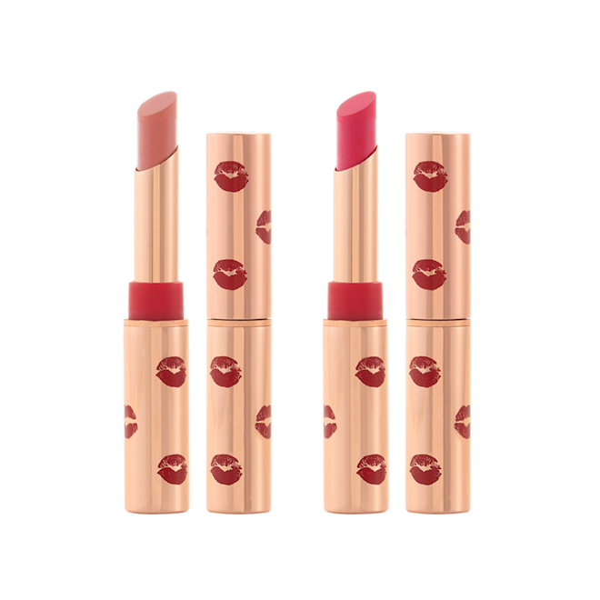 Limitless Lucky Lips duo with and without lid Four matte lipsticks, two with lid and two without lids, in nude peach shade and soft pinkish red shade.
