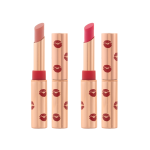 Four matte lipsticks, two with lid and two without lids, in nude peach shade and soft pinkish red shade.