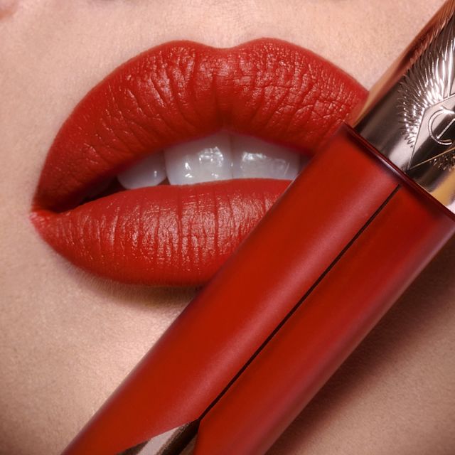 Red Liquid Lipstick close up Model wearing Flame Blur red liquid lipstick