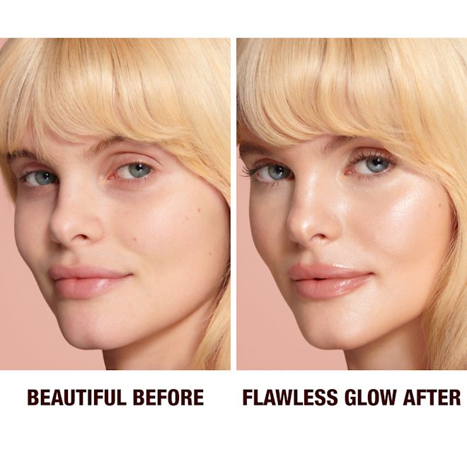 Hollywood Flawless Filter in shade 4 before and after on light-medium-tone model Close-up of a before and after of a light-medium-tone model wearing smokey brown eye makeup with a glow-boosting primer that blurs her pores and makes skin look flawless.