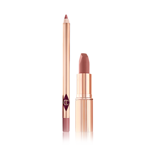Matte Revolution Lip Slick open An open lip liner pencil in a muted pink colour with an open matte lipstick in a medium-pink shade.