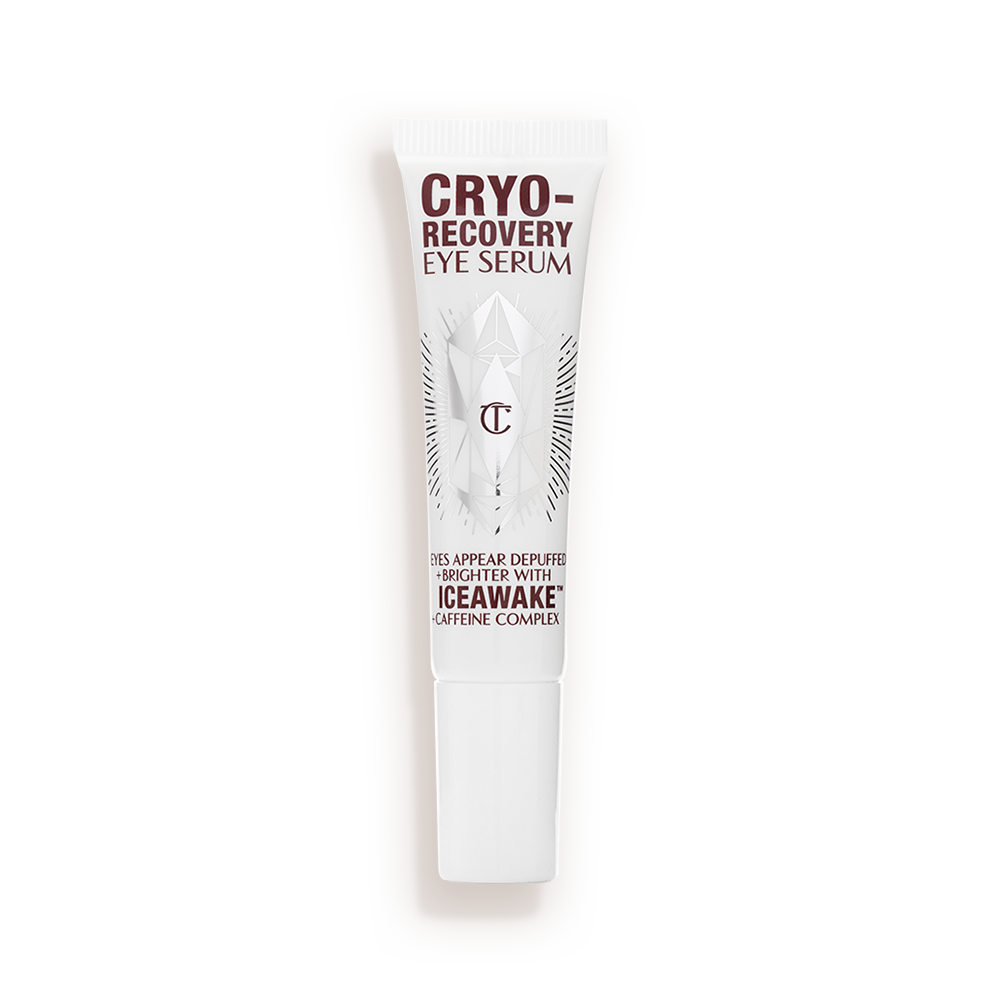 Cryo-Recovery Eye Serum open An open, white-coloured eye serum tube with silver-colour geometric patterns on the front and text written on it that reads, 'eye appear depuffed and brighter with Iceawake, caffeine complex'