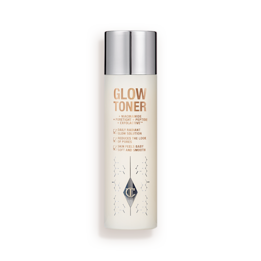 Glow Toner Closed A large, clear bottle filled with luminous, cream-coloured watery toner with a silver-coloured lid.