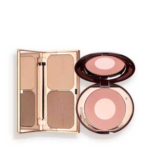 Bronzed Blushing Beauty Kit open An open contouring and bronzing duo in a compact with a mirrored lid with an open, two-tone blush compact in a muted pink shade with a mirrored lid.