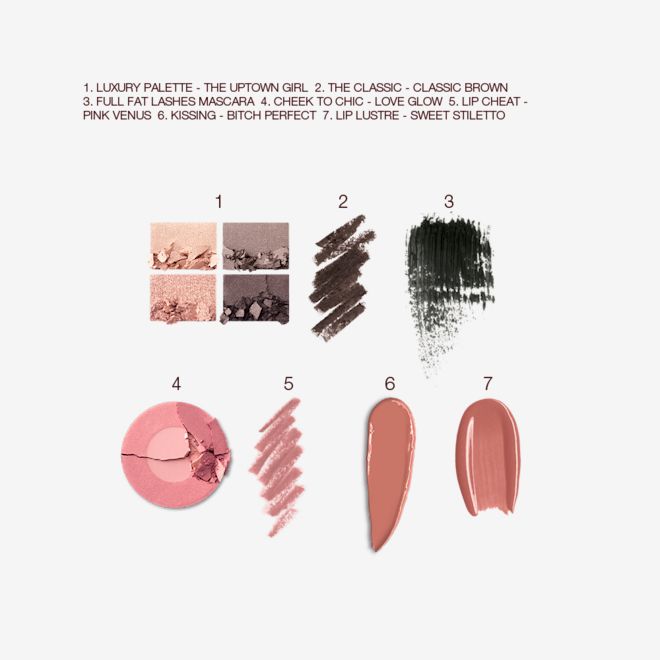 The Uptown Girl fair, light, and medium kit swatches Swatches of a quad eyeshadow palette in shades of silver, grey, and gold, black eyeliner, black mascara, two-tone blush in warm pink and rose gold, lip liner in nude pink, lipstick in medium brown, and lip gloss in nude pink.
