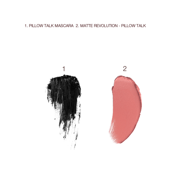 Pillow Talk Lipstick and Mascara Kit swatches Swatches of a black-coloured mascara and nude pink matte lipstick.