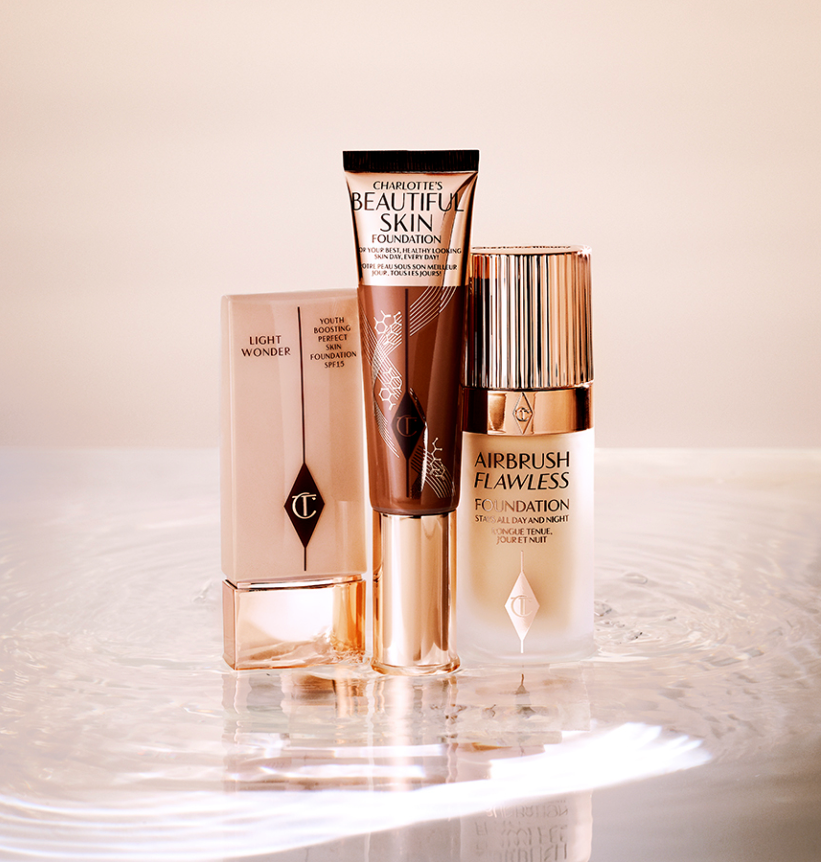 Stiftung Finder Algolia Airbrush Flawless, Beautiful Skin und Light Wonder Foundation aufgereiht