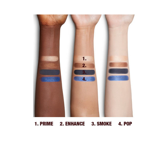 Deep, fair, and tan skin arm swatches of four, matte and shimmery eyeshadows in emerald blue, teal blue, bronze, and champagne colours. 