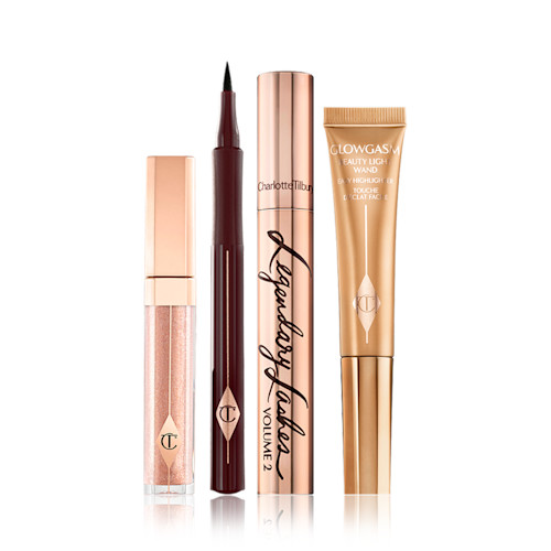 Ibiza Nights Makeup Look Pack Shot Ibiza Nights Makeup Look Pack Shot with legendary lashes mascara, lip lustre lip gloss, beauty light wand highlighter and feline flick eyeliner.