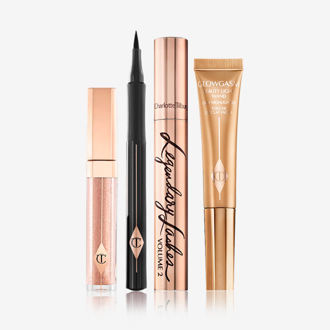 Ibiza Nights Makeup Look Pack Shot Ibiza Nights Makeup Look Pack Shot with legendary lashes mascara, lip lustre lip gloss, beauty light wand highlighter and feline flick eyeliner.