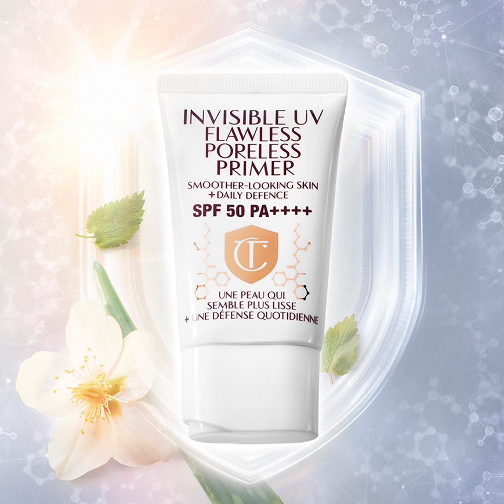 UV SPF Primer still life Invisible UV Flawless Poreless Primer SPF50 with shield graphic
