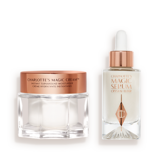 Magic Serum and Magic Cream Bundle A pearly-white cream in a glass jar with a golden, metallic lid with a pearly white serum in a glass bottle with a rose gold and white dropper.