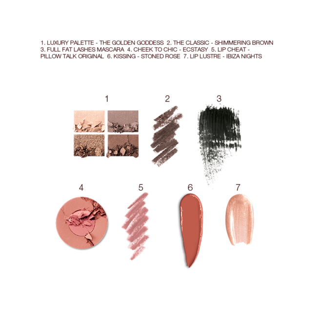 Glowing Goddess kit swatches Swatches of a quad eyeshadow palette in matte and shimmery nude brown shades, brown eyeliner and black mascara, two-tone blush in golden peach and warm pink, lip liner in nude pink, lipstick in terracotta, and lip gloss in golden peach.
