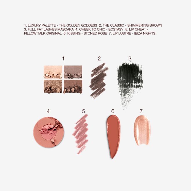 Glowing Goddess kit swatches Swatches of a quad eyeshadow palette in matte and shimmery nude brown shades, brown eyeliner and black mascara, two-tone blush in golden peach and warm pink, lip liner in nude pink, lipstick in terracotta, and lip gloss in golden peach.