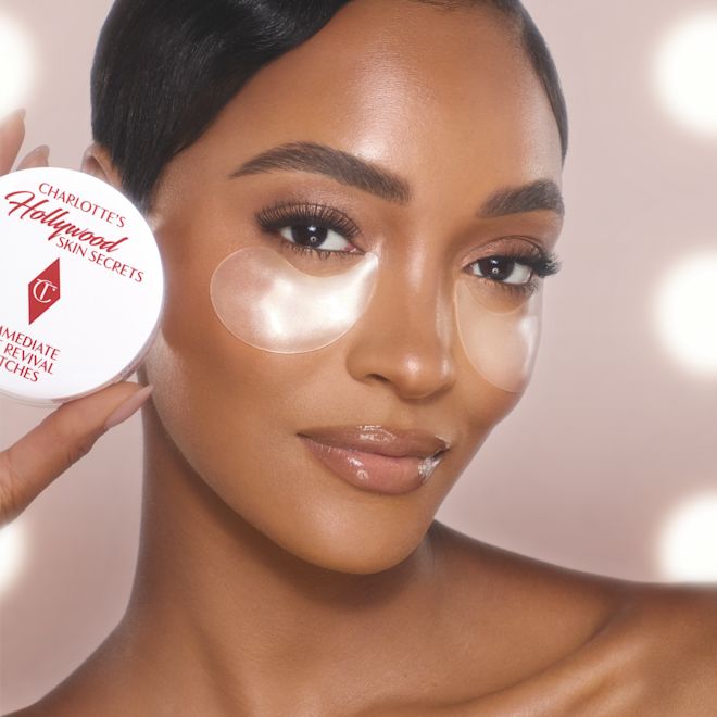 Jourdan Dunn eye patches Jourdan Dunn wearing Immediate Eye Revival Patches hydrating eye masks