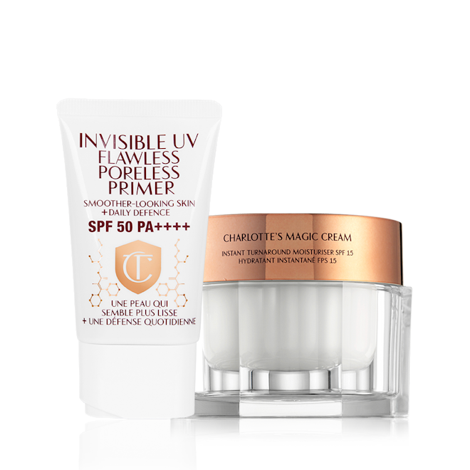 UV Primer and Magic Cream closed A primer with SPF in a white coloured-tube with a white-coloured lid and pearly-white cream in a glass jar with a gold-coloured lid.