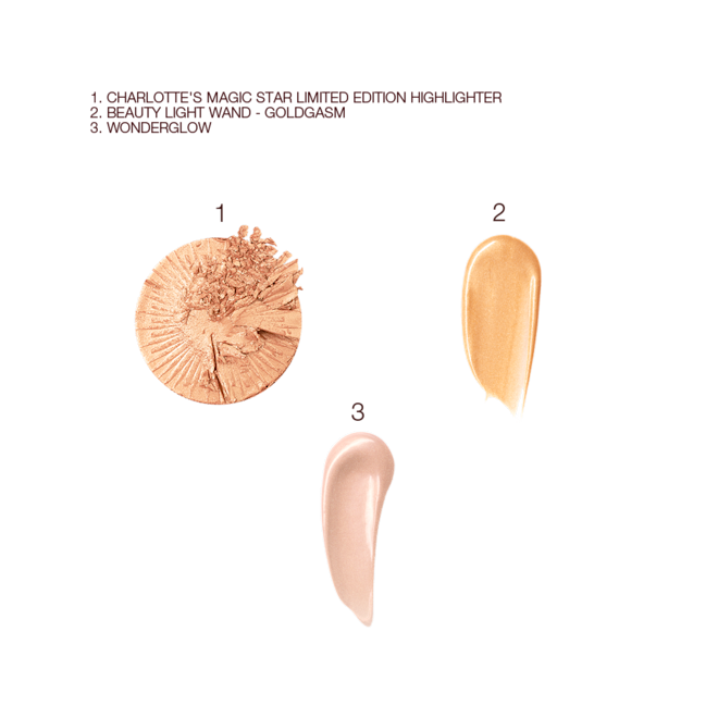 Ibiza Glow Makeup Look swatches Swatches of a powder highlighter in a soft gold colour, liquid highlighter in a honey gold shade, and glowy primer in a soft pinky-beige colour.