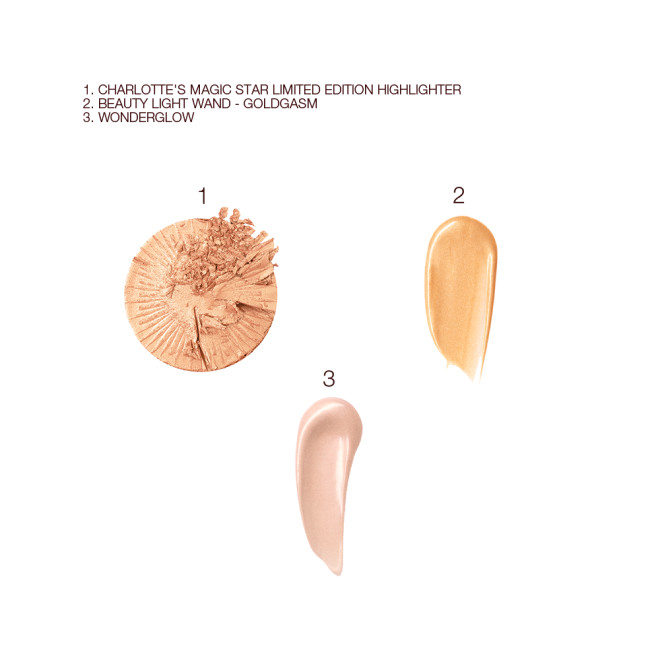 Swatches of a powder highlighter in a soft gold colour, liquid highlighter in a honey gold shade, and glowy primer in a soft pinky-beige colour. 