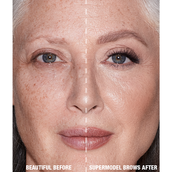 Brow Cheat in Taupe before and after on fair-tone model with grey eyes Before and after of a fair-tone model with grey eyes and mature skin with bare brows on one side and thick, filled, and lined eyebrows on the other side after applying a taupe-coloured eyebrow pencil.