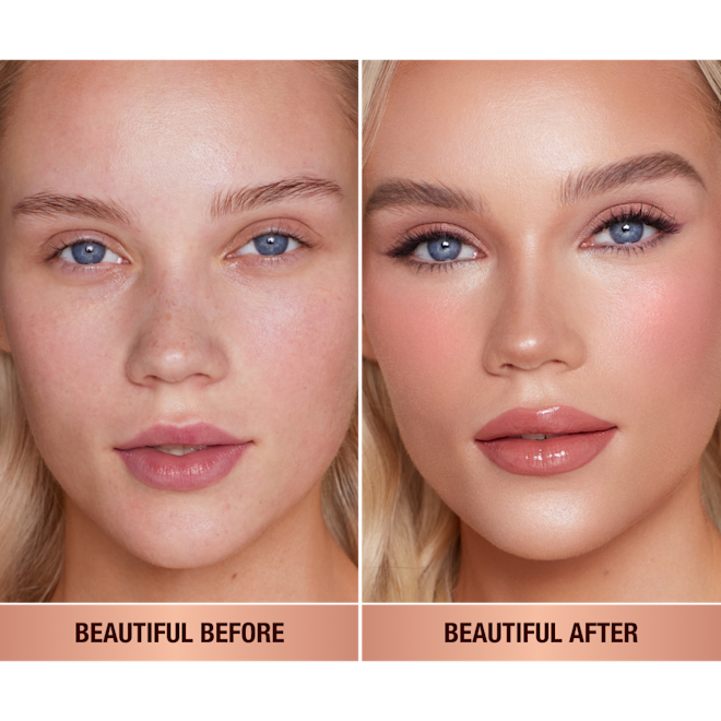 Beauty Blush Wand in Pillow Talk before and after application. A fair-skin model shows the before and after makeup look using a tawny pink liquid blush.