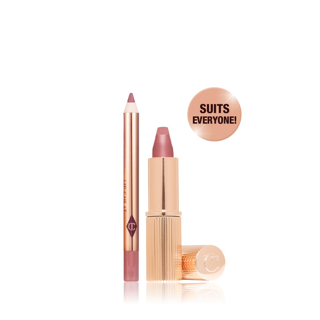 An open mini lipstick in a nude pink colour with its lid next to it and a mini lip liner pencil in a nude pink shade, with text on the banner that reads, 'Suits everyone'