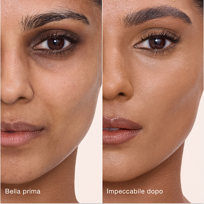 Airbrush Flawless Concealer - 10 Tan modella prima e dopo Confronto affiancato che mostra la pelle prima e dopo aver applicato il correttore Airbrush Flawless di Charlotte Tilbury, con le etichette di testo "Bella prima" e "Impeccabile dopo".