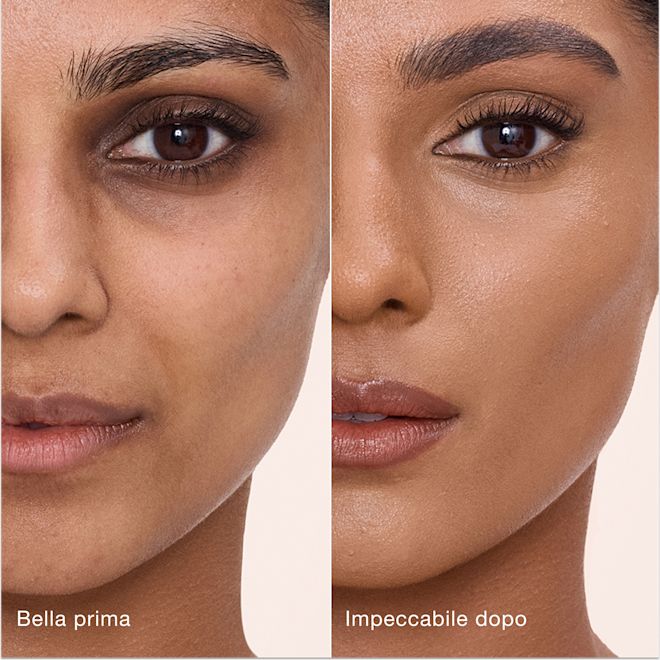 Airbrush Flawless Concealer - 10 Tan modella prima e dopo Confronto affiancato che mostra la pelle prima e dopo aver applicato il correttore Airbrush Flawless di Charlotte Tilbury, con le etichette di testo "Bella prima" e "Impeccabile dopo".
