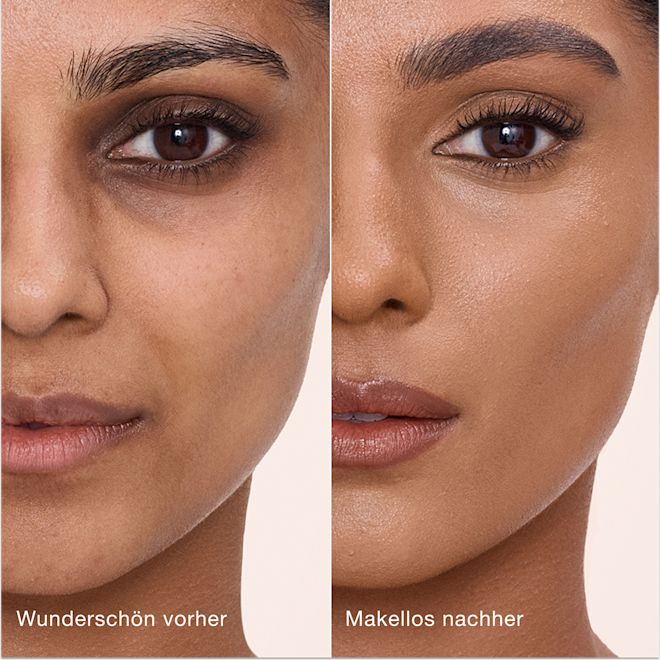 Airbrush Flawless Concealer − 10 Tan − vorher und nachher Ein direkter Vergleich zeigt die Haut vor und nach dem Auftragen des Charlotte Tilbury Airbrush Flawless Concealers mit den Beschriftungen „Wunderschön vorher“ und „Makellos nachher“.