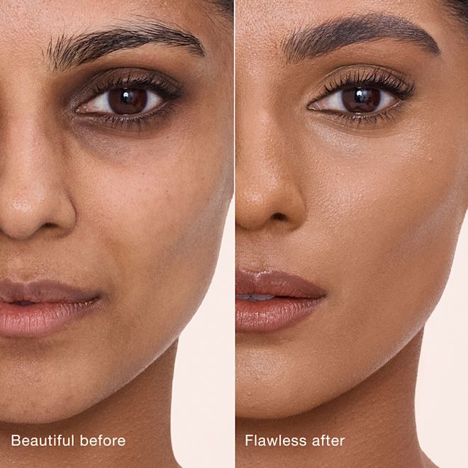Airbrush Flawless Concealer - 10 Tan before and after Side-by-side comparison showing skin before and after applying Charlotte Tilbury Airbrush Flawless Concealer, with text labels 'Beautiful before' and 'Flawless after'.