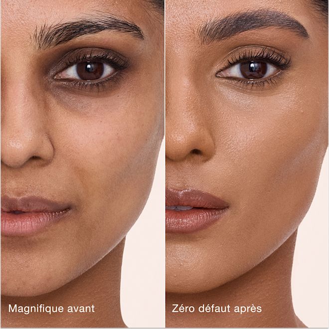Avant/après Airbrush Flawless Concealer - 10 Tan (Médium à Foncé) Comparaison côte à côte montrant la peau avant et après l'application de l'Airbrush Flawless Concealer de Charlotte Tilbury, avec les étiquettes de texte « Magnifique avant » et « Zéro défaut après ».