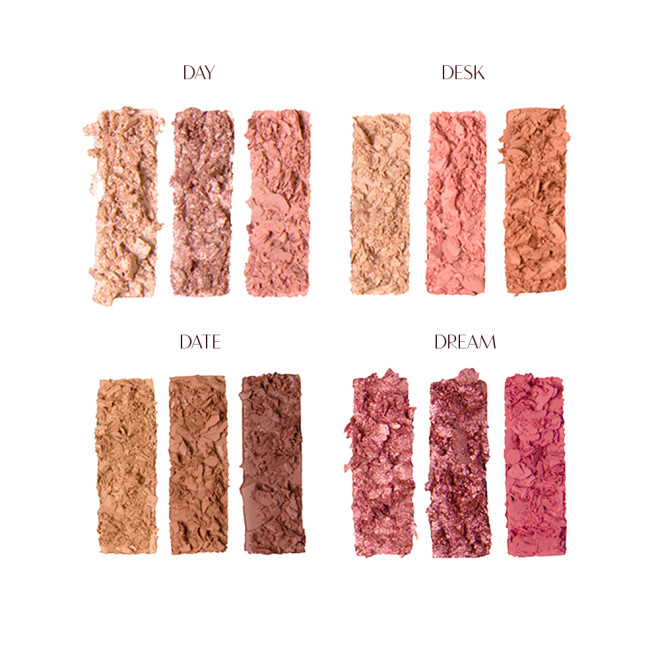 Close-up of twelve, crushed up, rectangular eyeshadows, in shades of pink, peach, brown, and champagne. 
