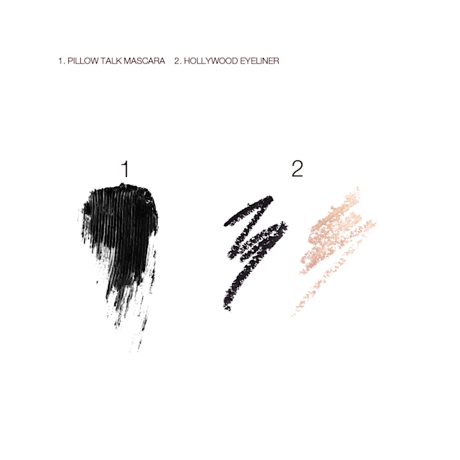 Charlotte's Hollywood Eye Filters kit swatches Swatches of a black mascara and a double-sided eyeliner pen in black and soft champagne-beige.