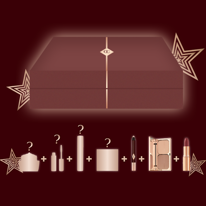 Day to Disco Mystery Box banner Banner with a brown-red-coloured gift box with illustrations of seven skincare and makeup mystery items that are included in it.
