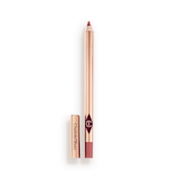 Lip Cheat Pillow Talk 2 Medium Lip Liner pencil lid removed A standard-sized, nude-pink lip liner pencil with its lid removed, with a reflective, golden-coloured exterior.