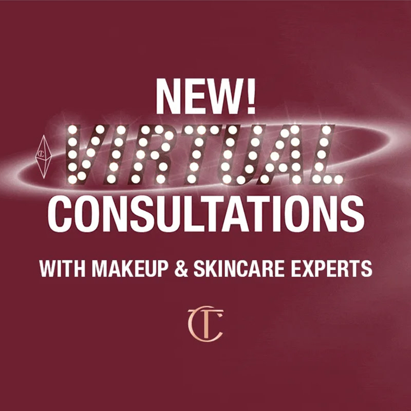Dark plum-coloured banner with text on it that reads, 'New! Virtual consultations with makeup & skincare experts'.