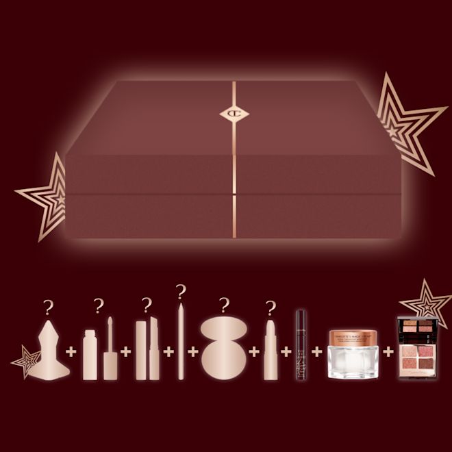 Icons Mystery box banner Banner with a brown-red-coloured gift box with illustrations of nine skincare and makeup mystery items that are included in it.